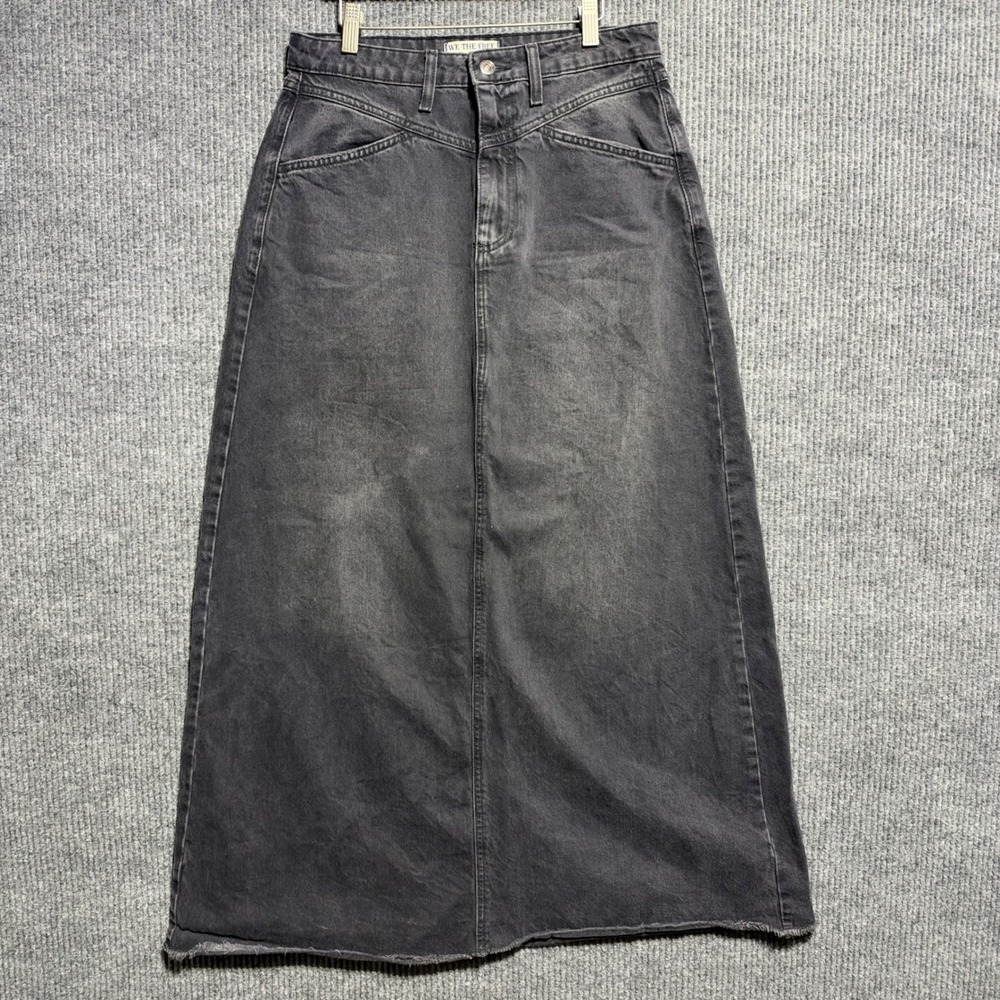 We The Free Denim Maxi Skirt Womens 6 Black Washed Raw Hem Western Yoke Long